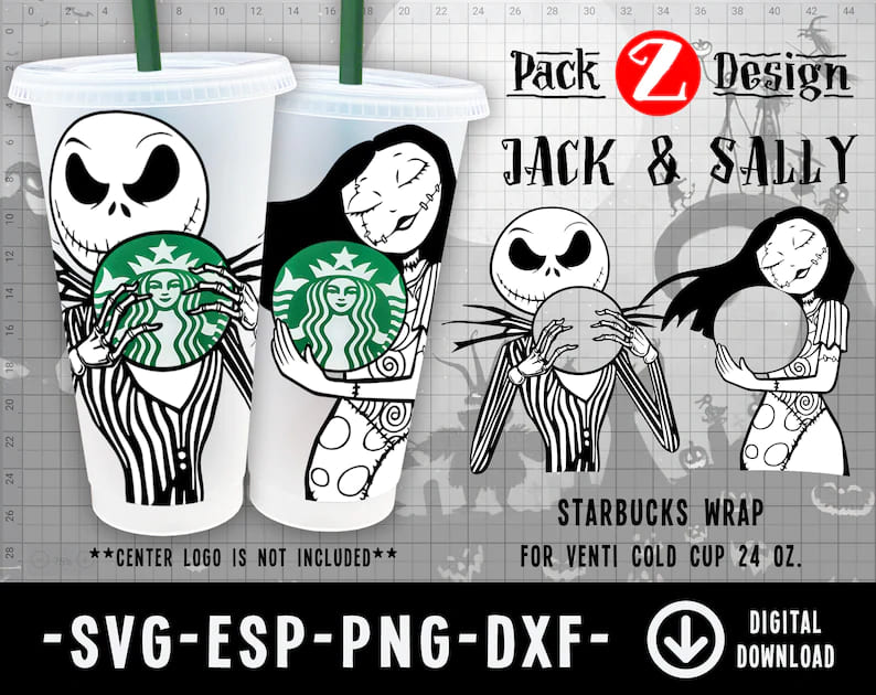 jack and sally starbucks cold cup svg.