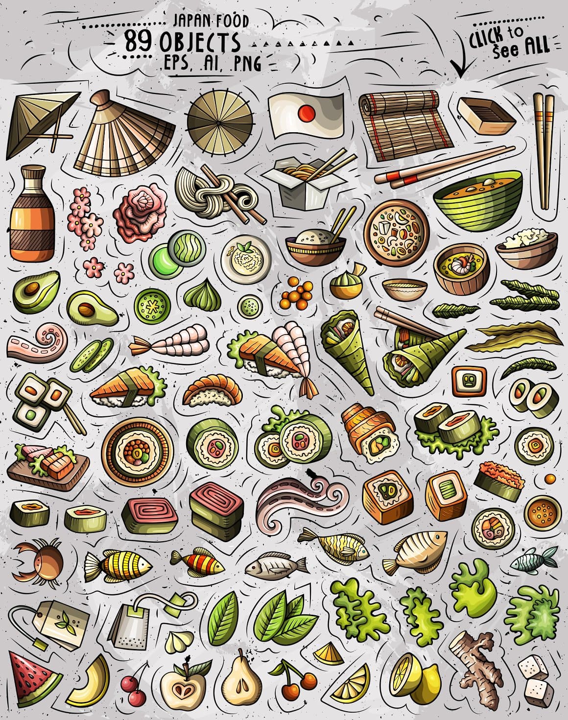 Japan Food Cartoon Objects Set Preview 2.