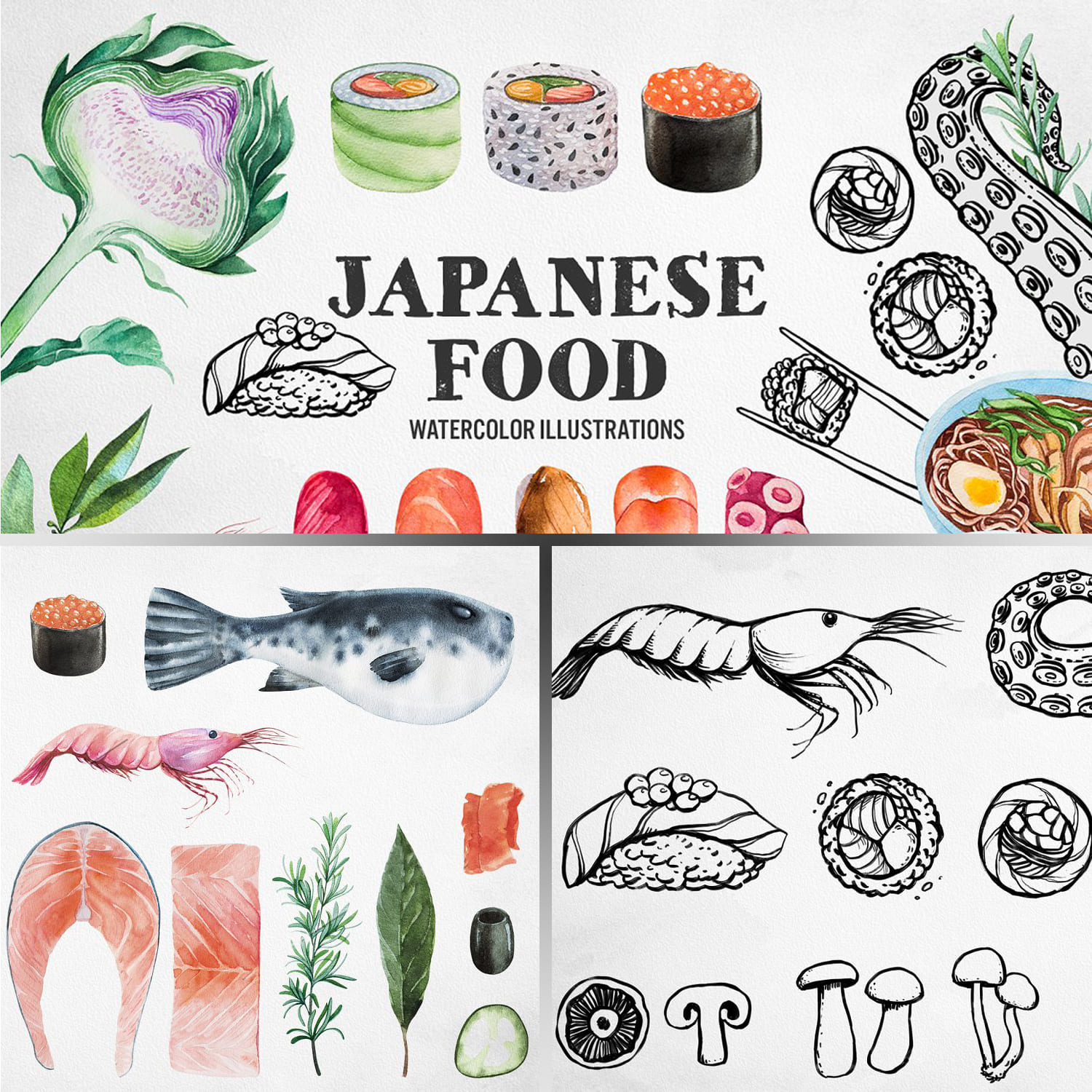 japanese food watercolor and ink collection.