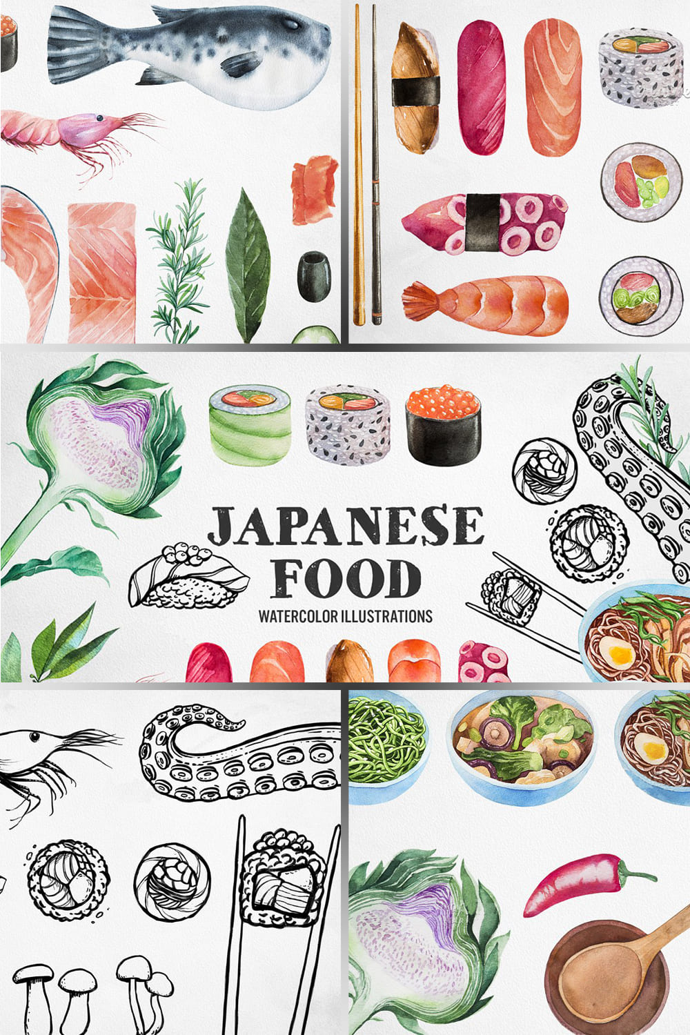 Japanese Food. Watercolor and Ink pinterest image.