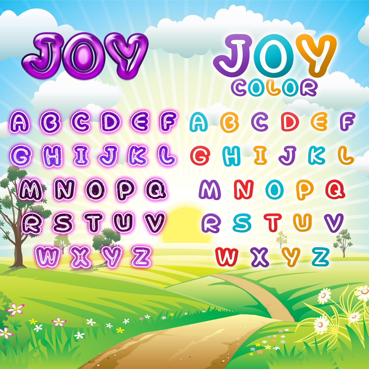 Colored alphabet in the image of the pack.