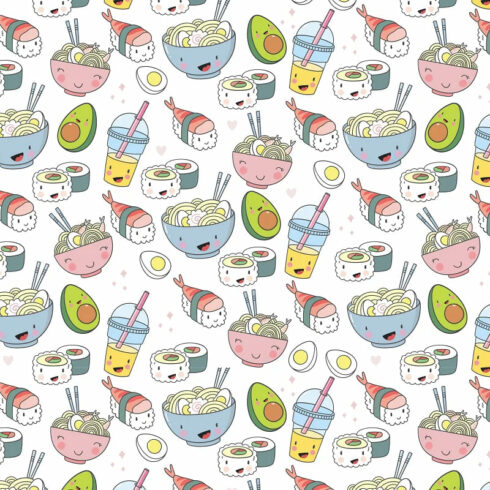 kawaii cartoon food stickers pattern.