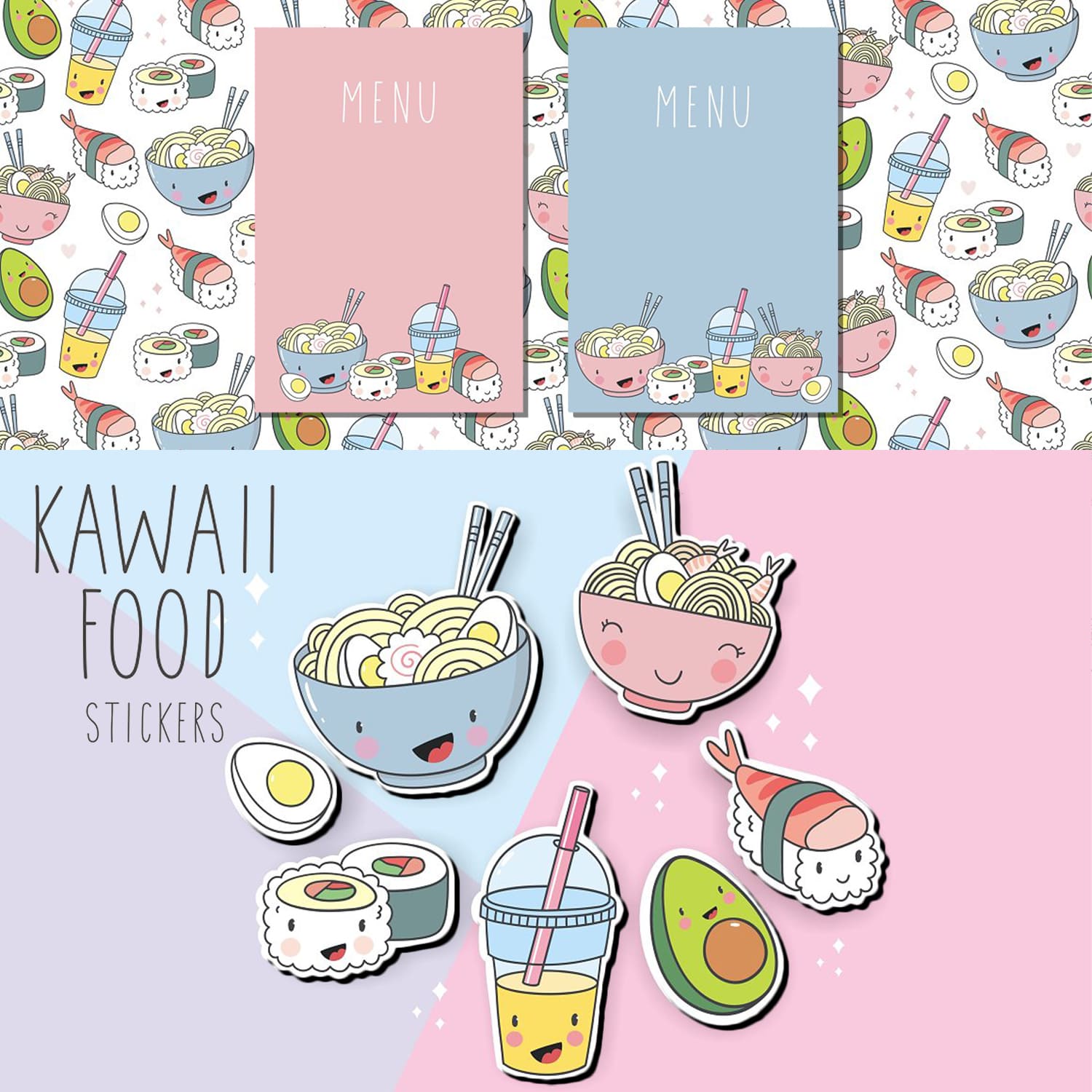 kawaii cartoon food stickers pack.
