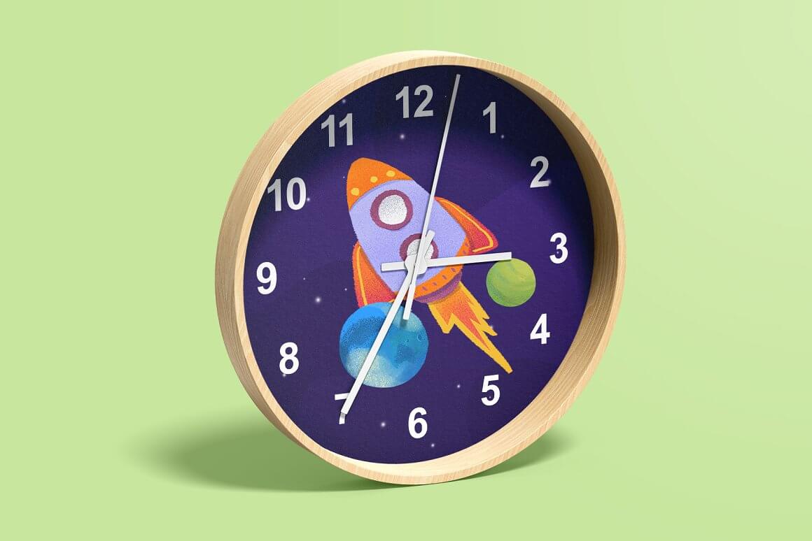 A clock with a purple background and a painted rocket with two planets.