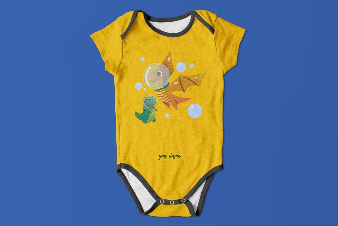 Yellow bodysuit with painted astronaut dinosaurs.