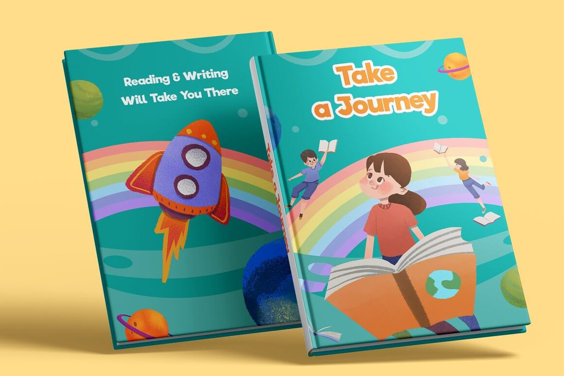 Books in turquoise color with a rainbow, a rocket and a child reading a book.