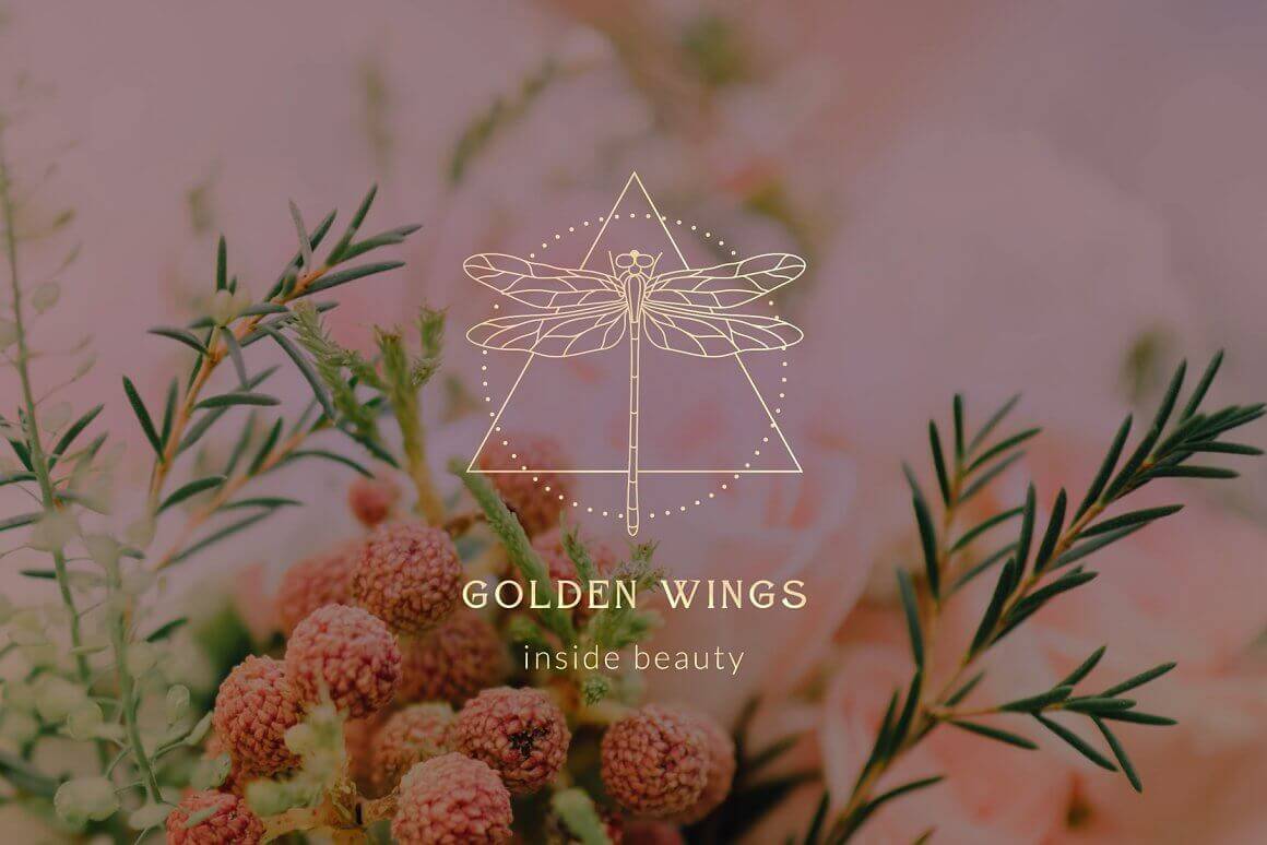 On a floral background, a golden silhouette of a dragonfly is drawn and the inscription Golden wings inside
