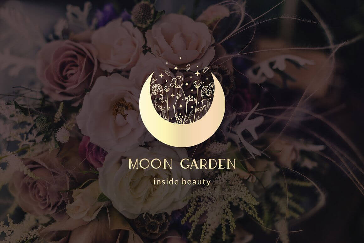 Dark background with a bouquet of roses and a bright logo depicting the month from which flowers grow and a bright inscription Moon garden inside beauty.