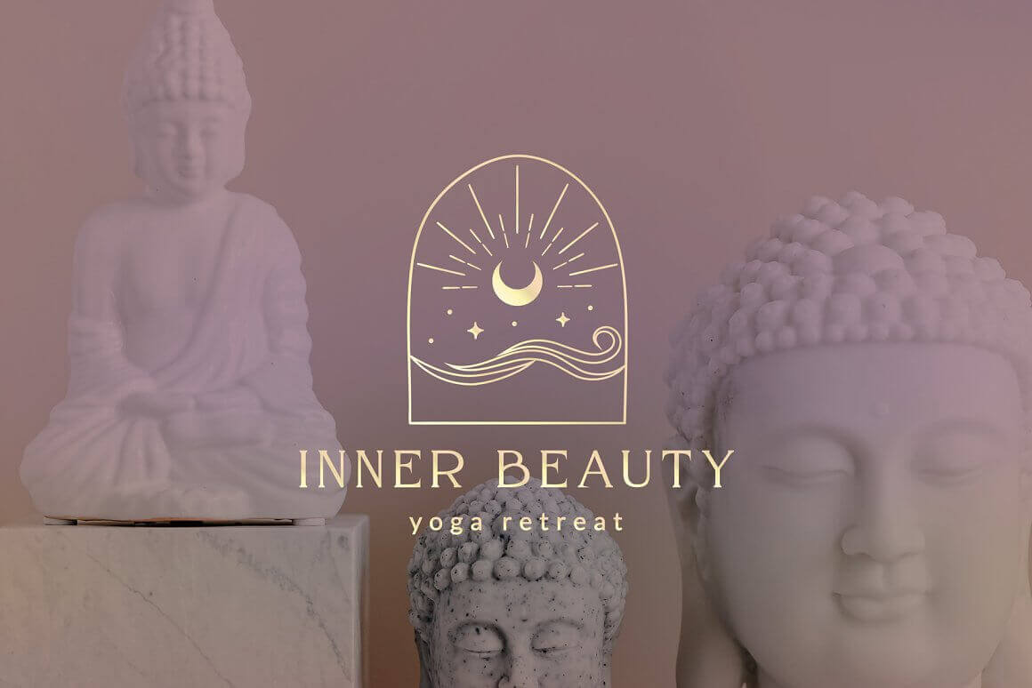 Logo with the image of the month and the inscription on the background of meditating statues.