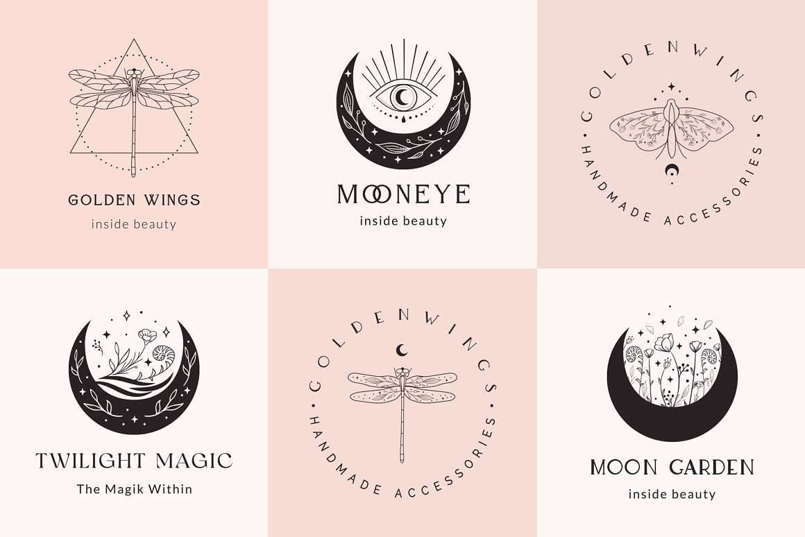 6 variants of logos with lunar symbols, flora and fauna.