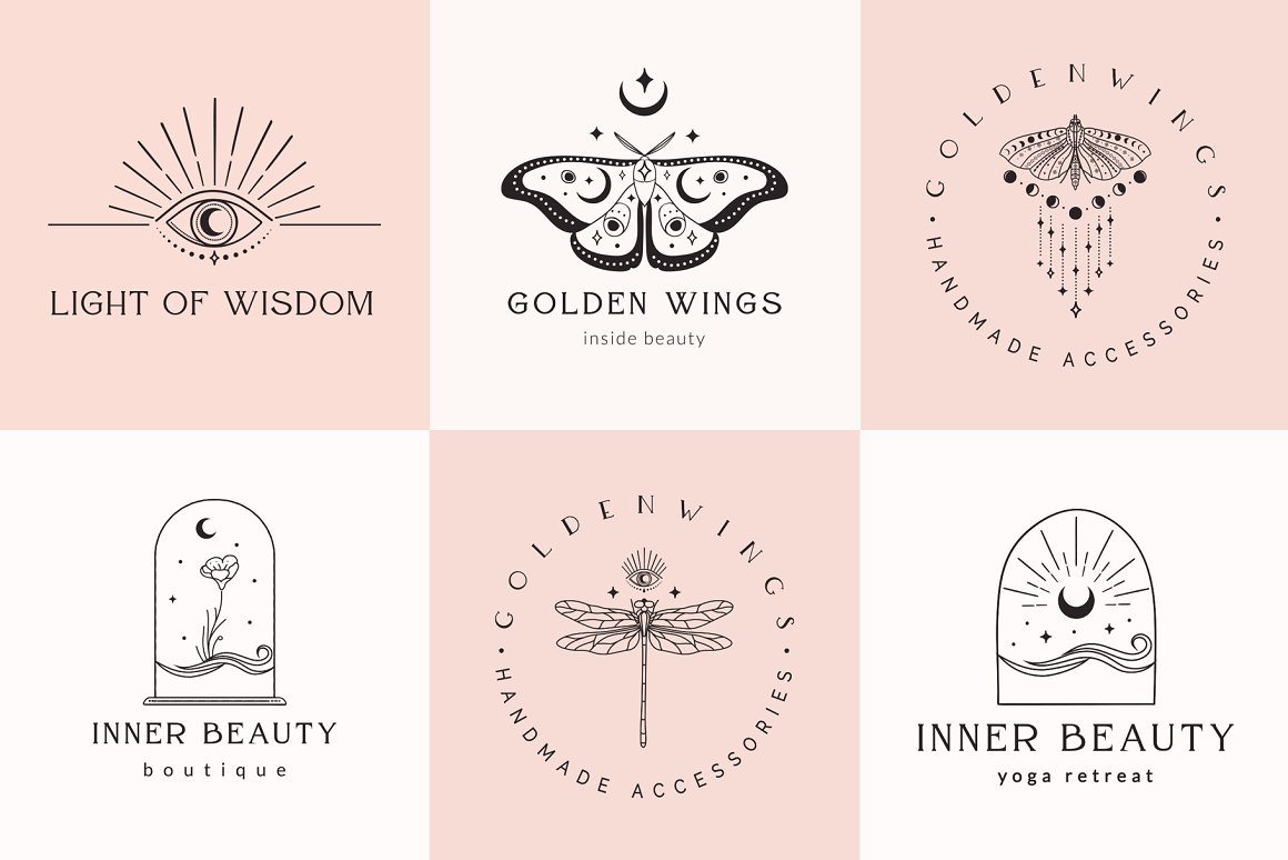 6 variants of logos with lunar symbols, flora and fauna on a white and powdery background.