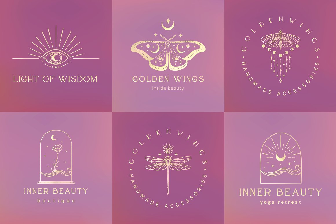 6 variants of logos with lunar symbols, flora and fauna on a pink and purple background.