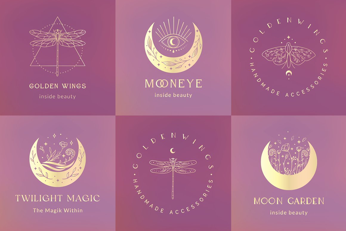 6 variants of logos with a golden moon, insects and plants on a pink and purple background.