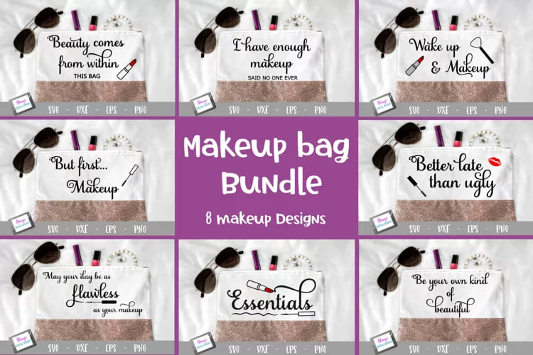 makeup bundle 8 makeup bag svg designs quotes.