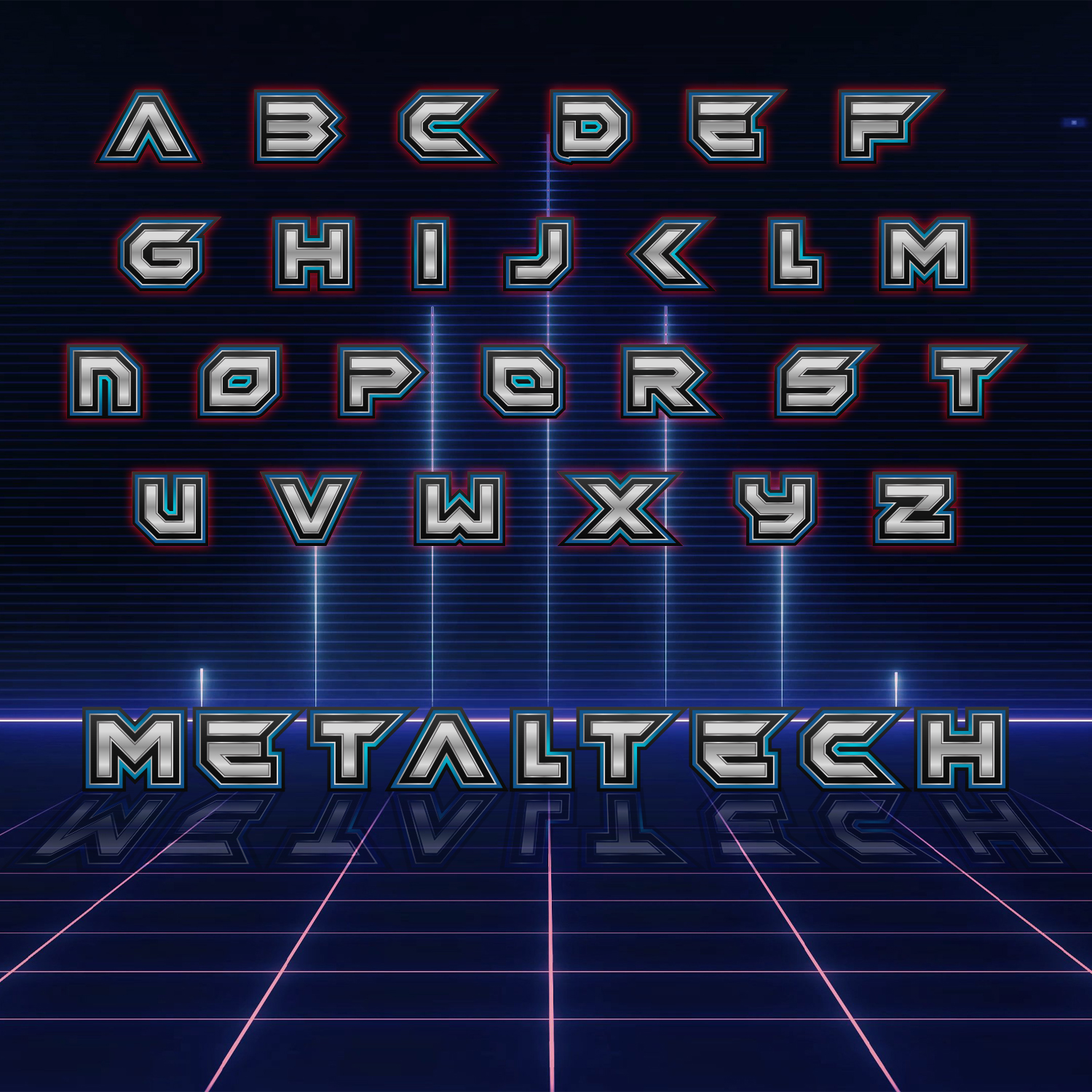 Alphabet on blue cyber background.