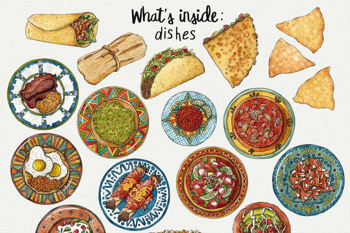 mexican watercolor food clipart set.