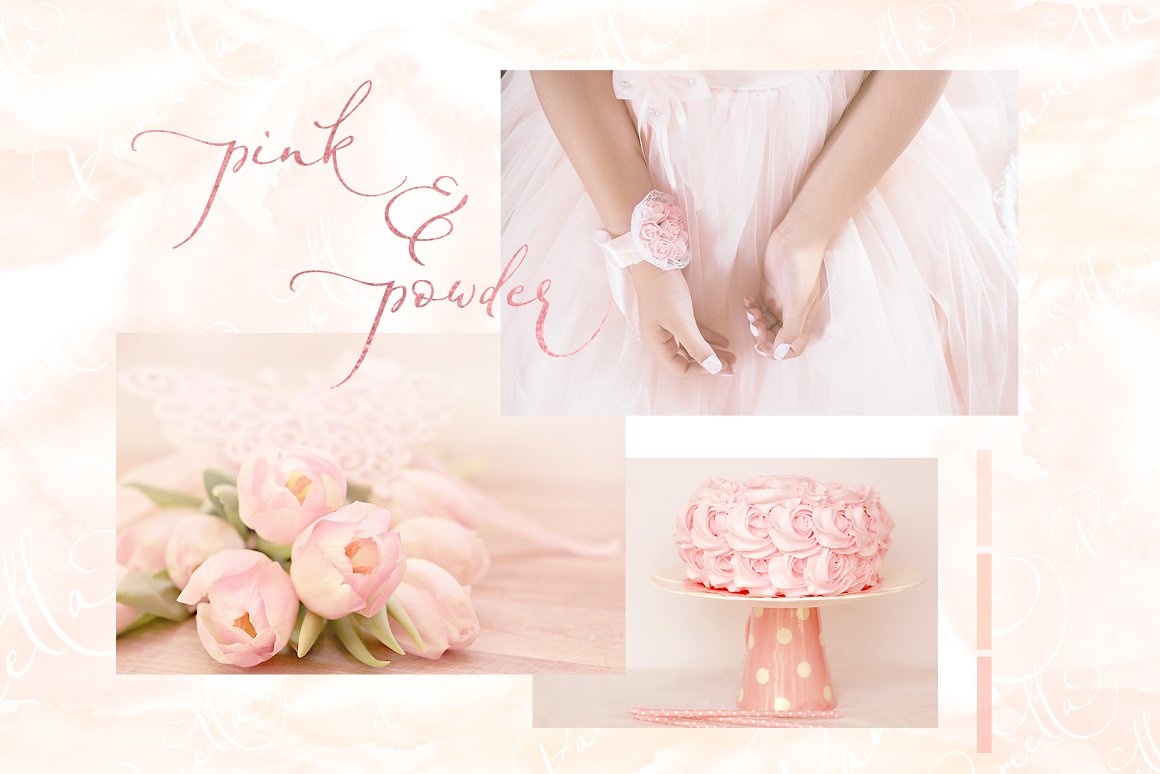 Three photographs depicting wedding flowers, a wedding cake and a bride in a pink and powder wedding dress.