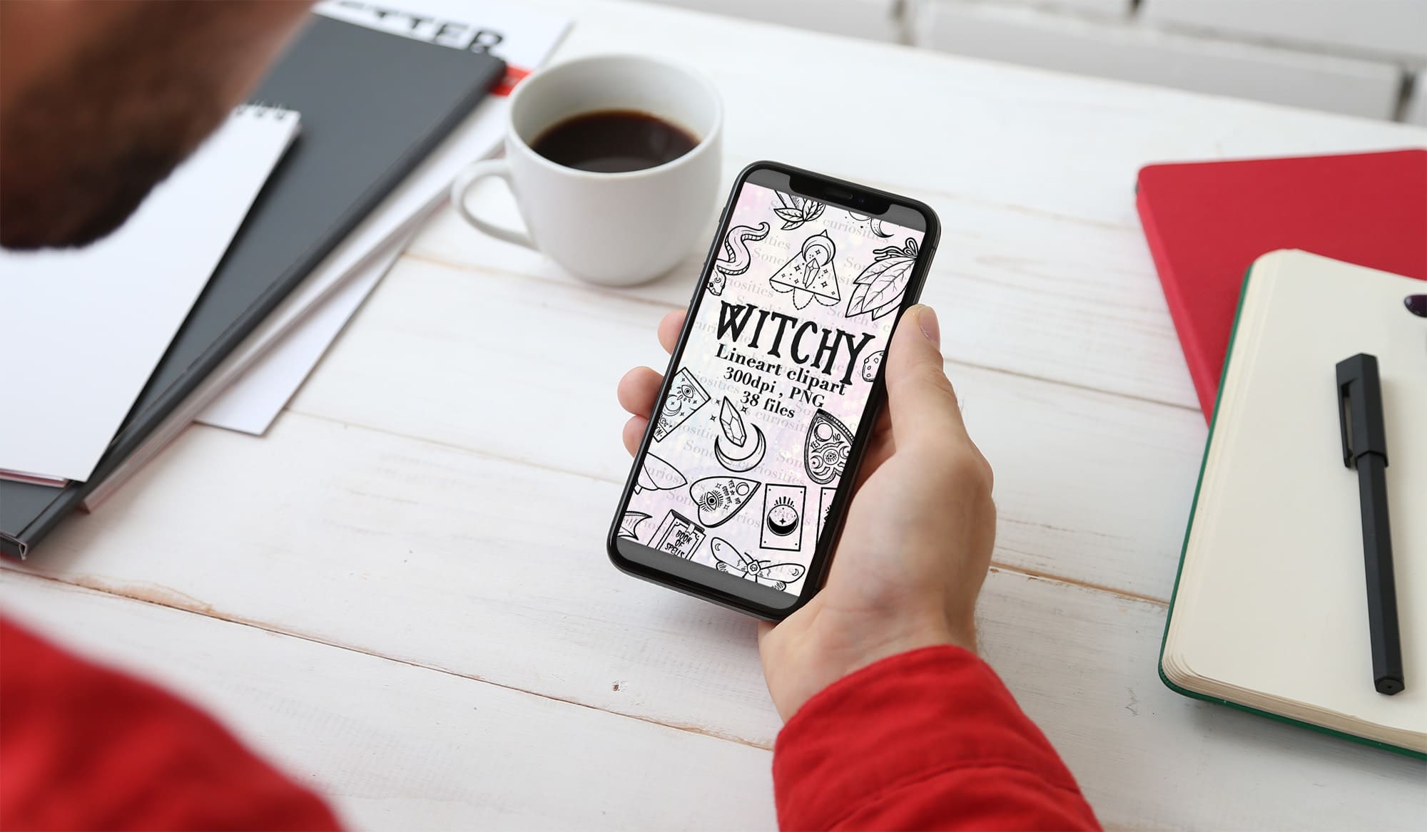 witch inspired linear clipart phone mockup.