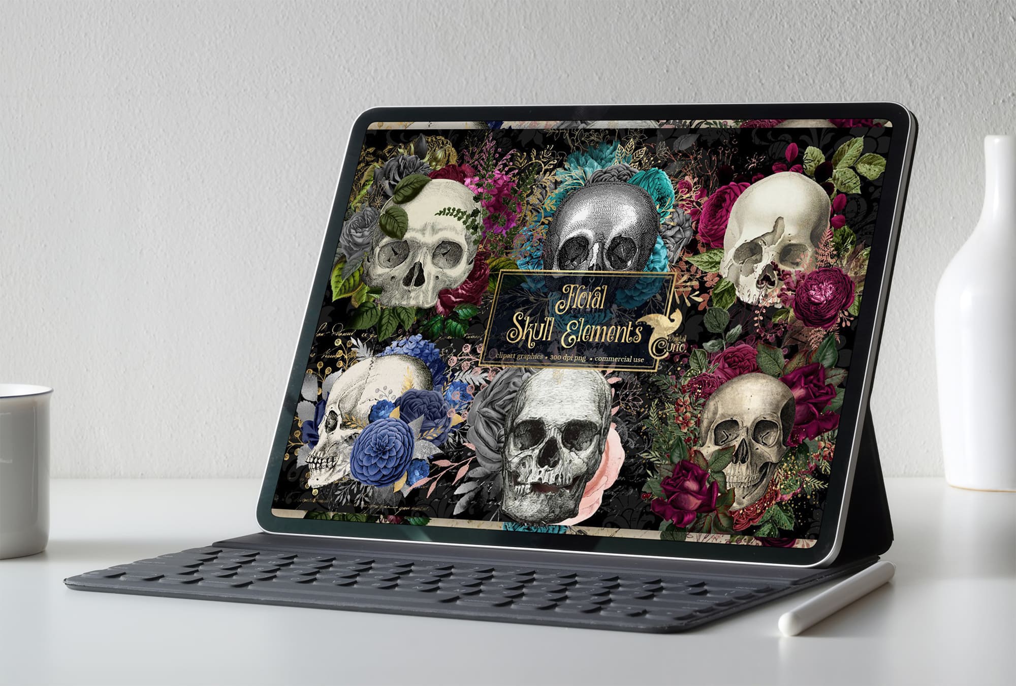 floral skull elements tablet mockup.