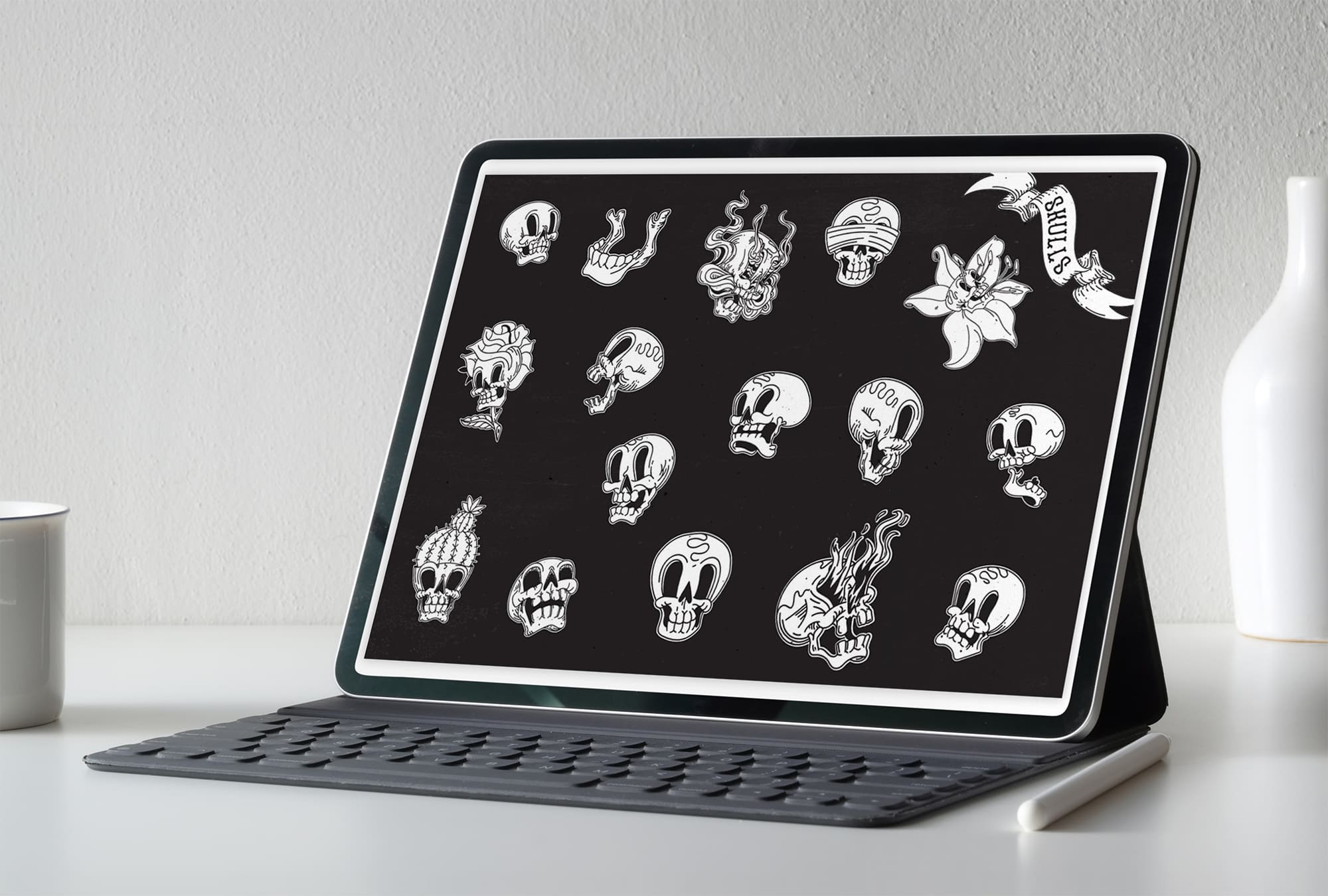 cartoon skulls tablet mockup.