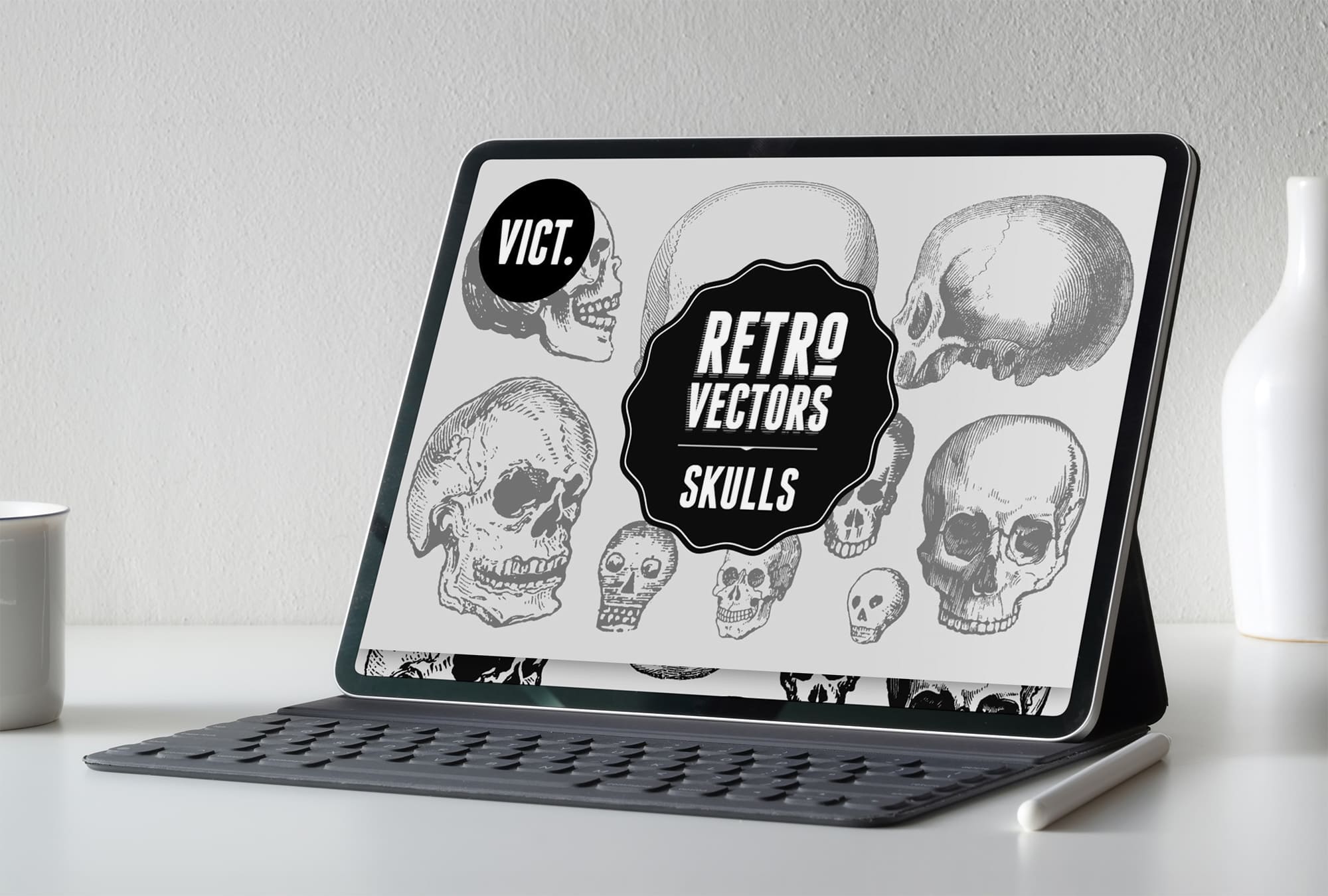vintage skulls tablet mockup.