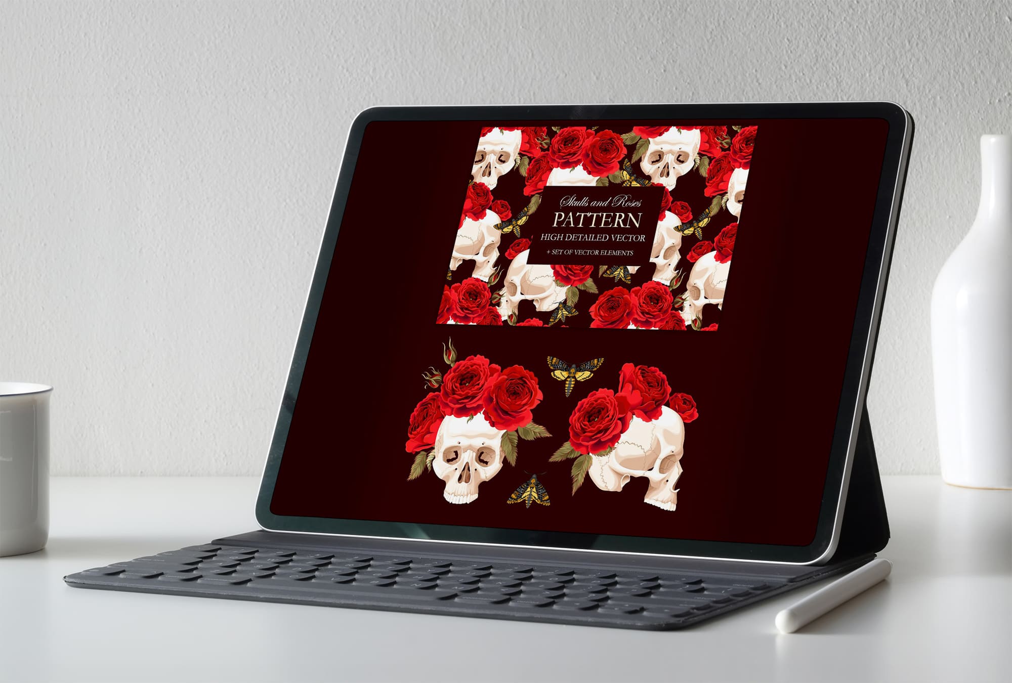 pattern with skulls and roses tablet mockup.