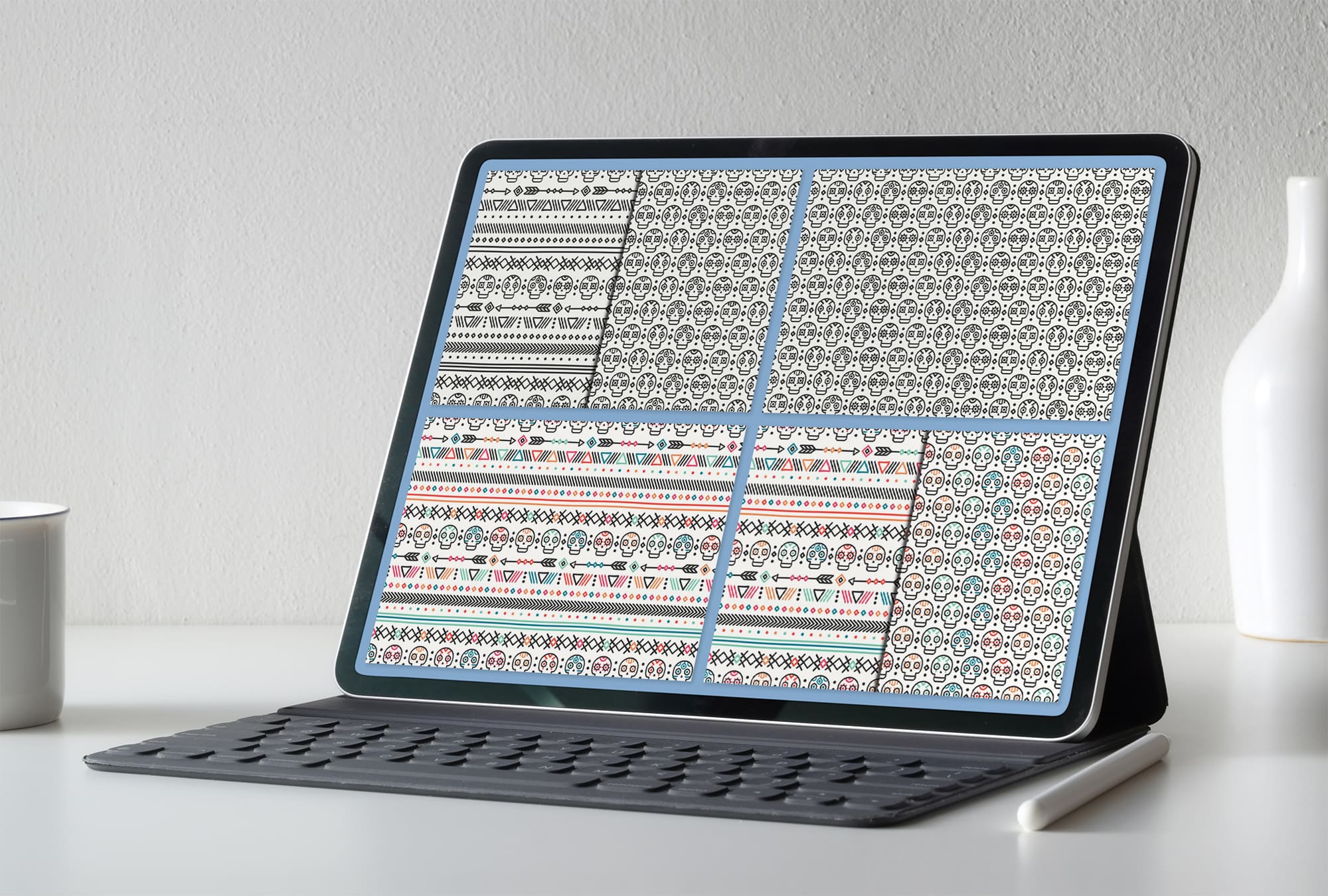 day of the dead pattern with skulls tablet mockup.