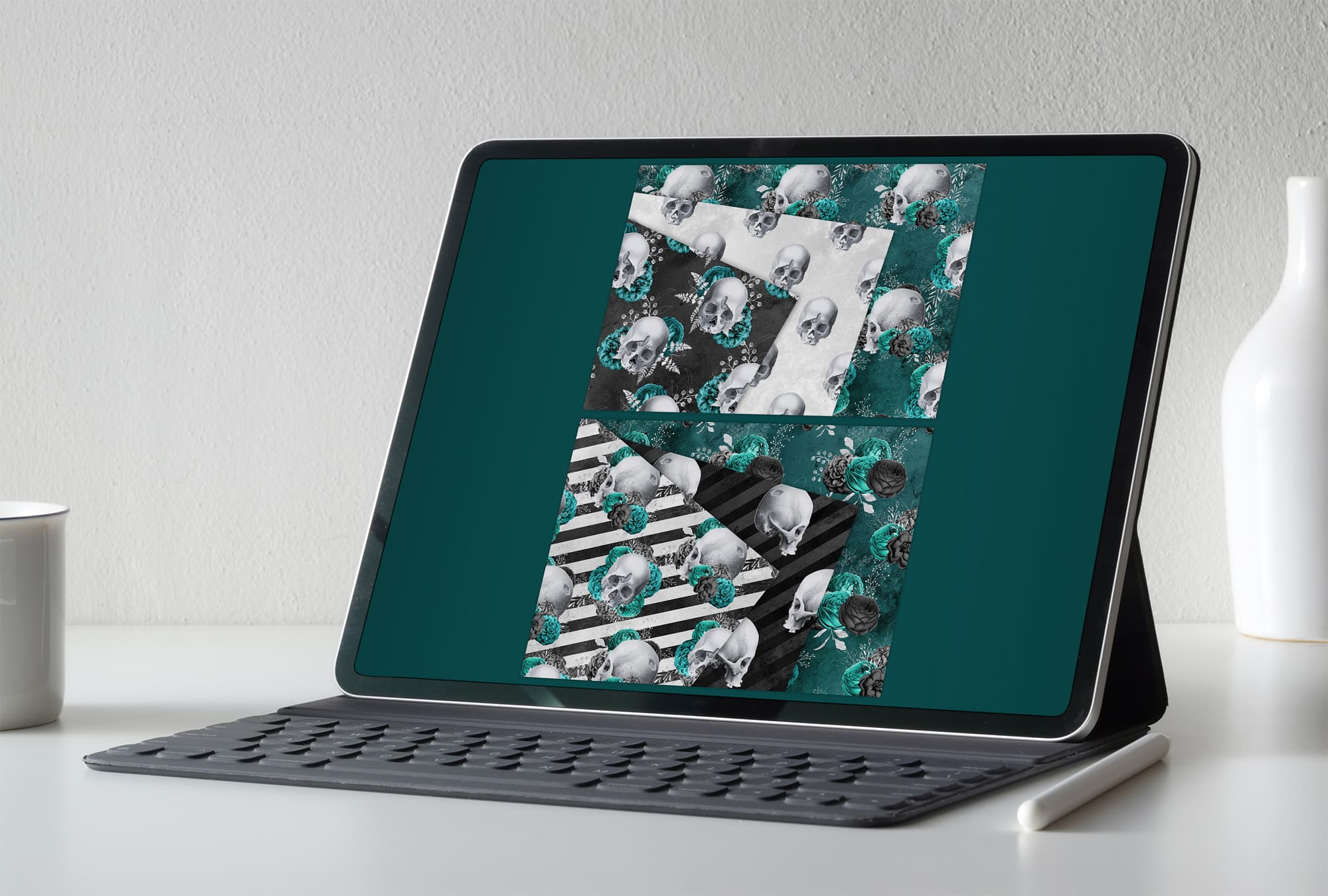 turquoise skull digital paper tablet mockup.