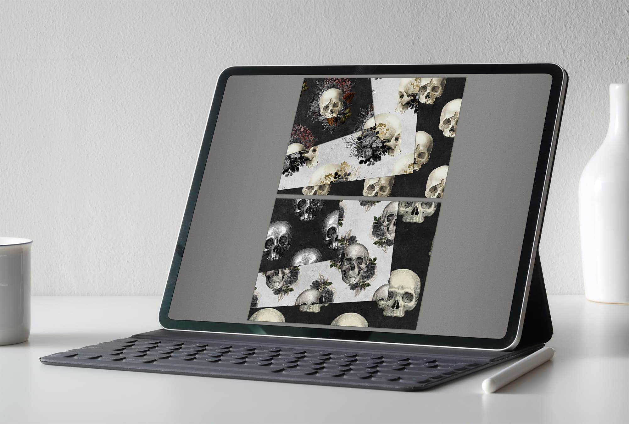 vintage skulls digital paper tablet mockup.