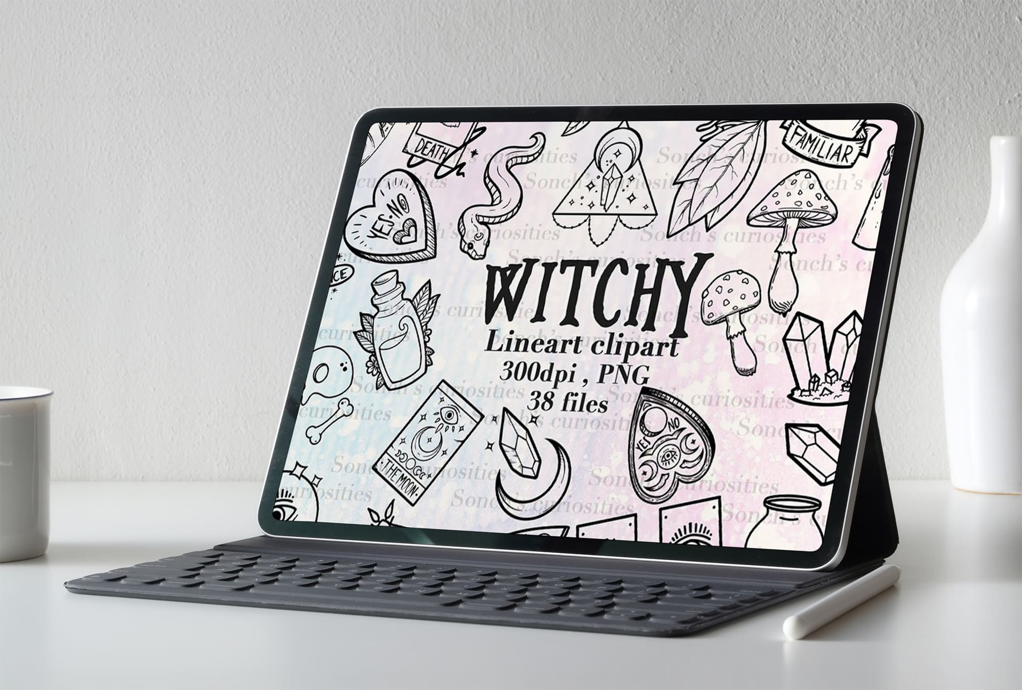 witch inspired linear clipart tablet mockup.