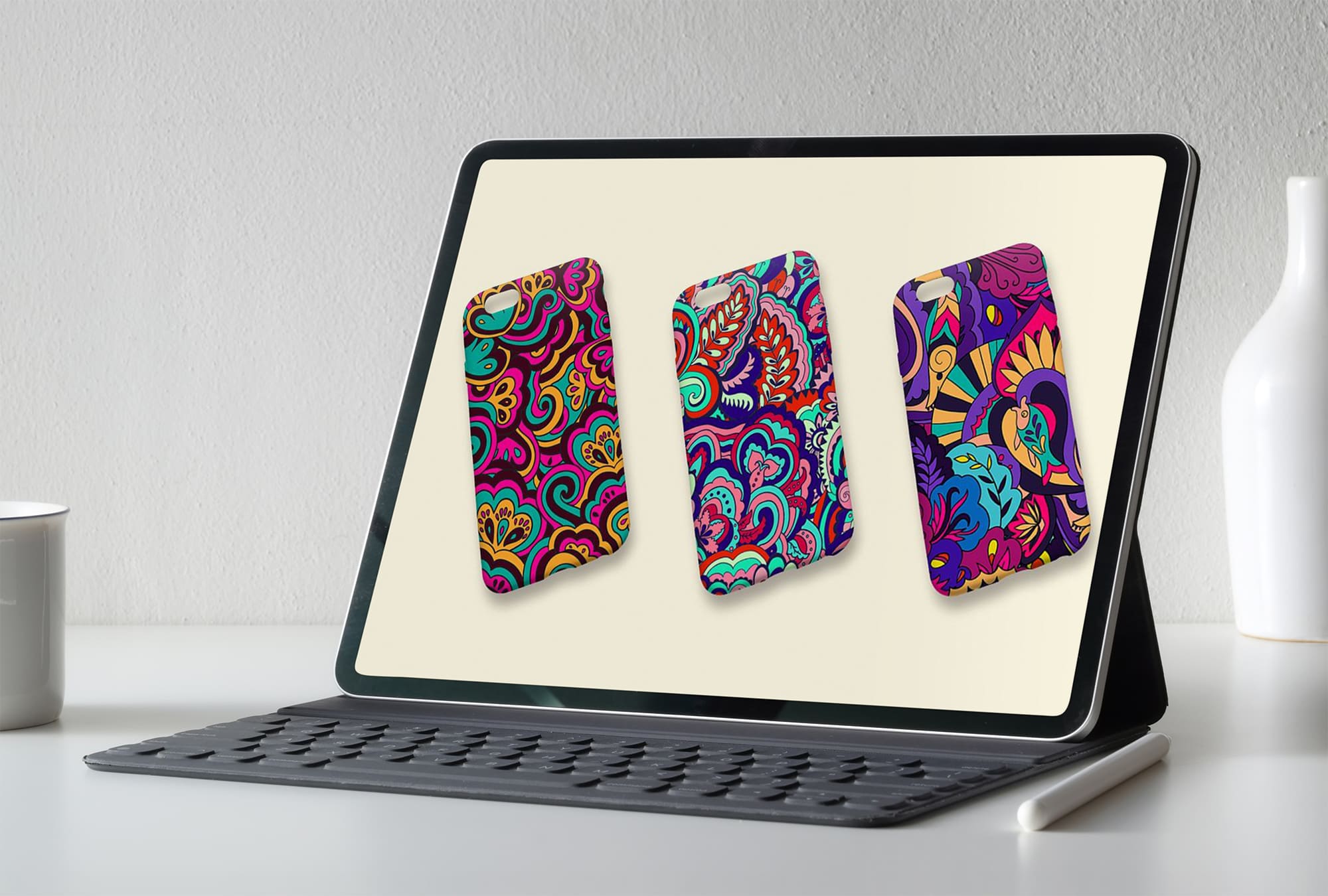 6 seamless psychedelic patterns tablet mockup.