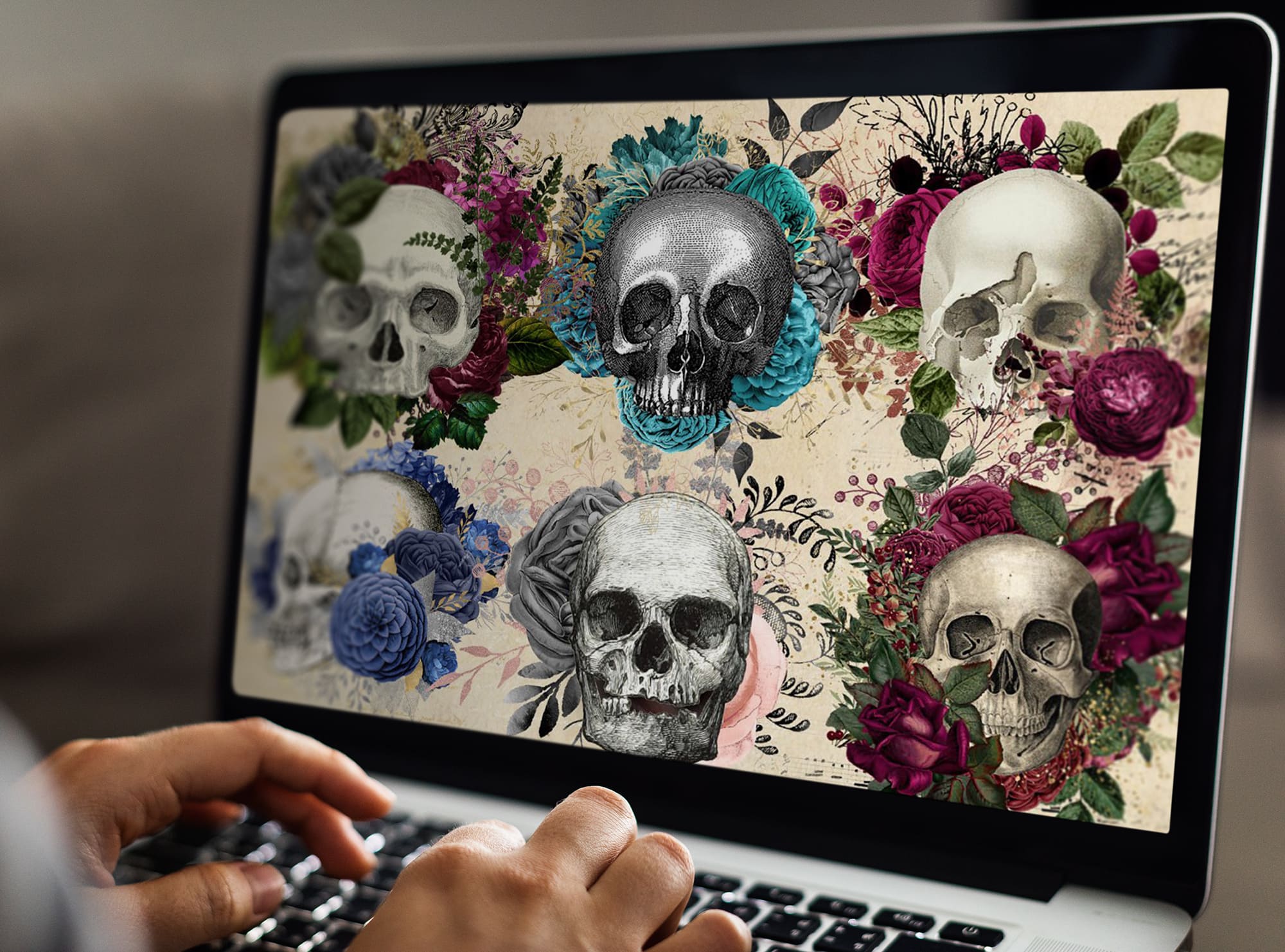 floral skull elements laptop mockup.