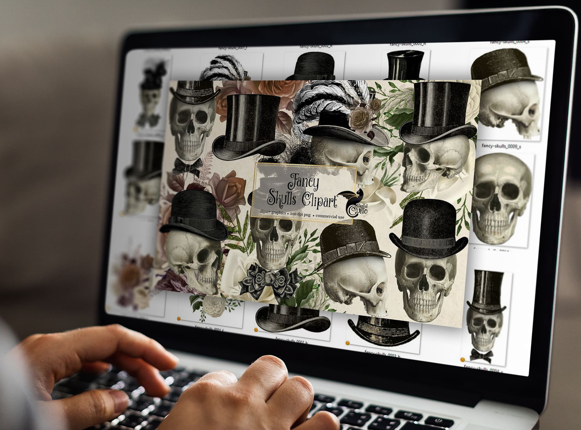 fancy skulls clipart laptop mockup.
