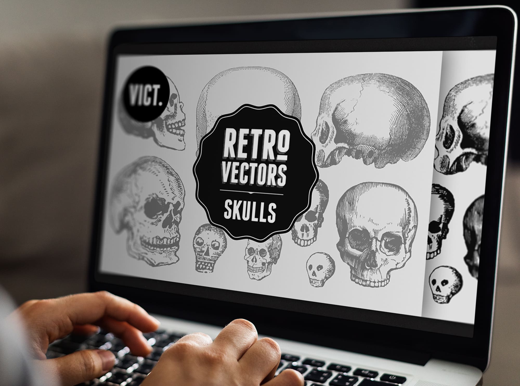 vintage skulls laptop mockup.