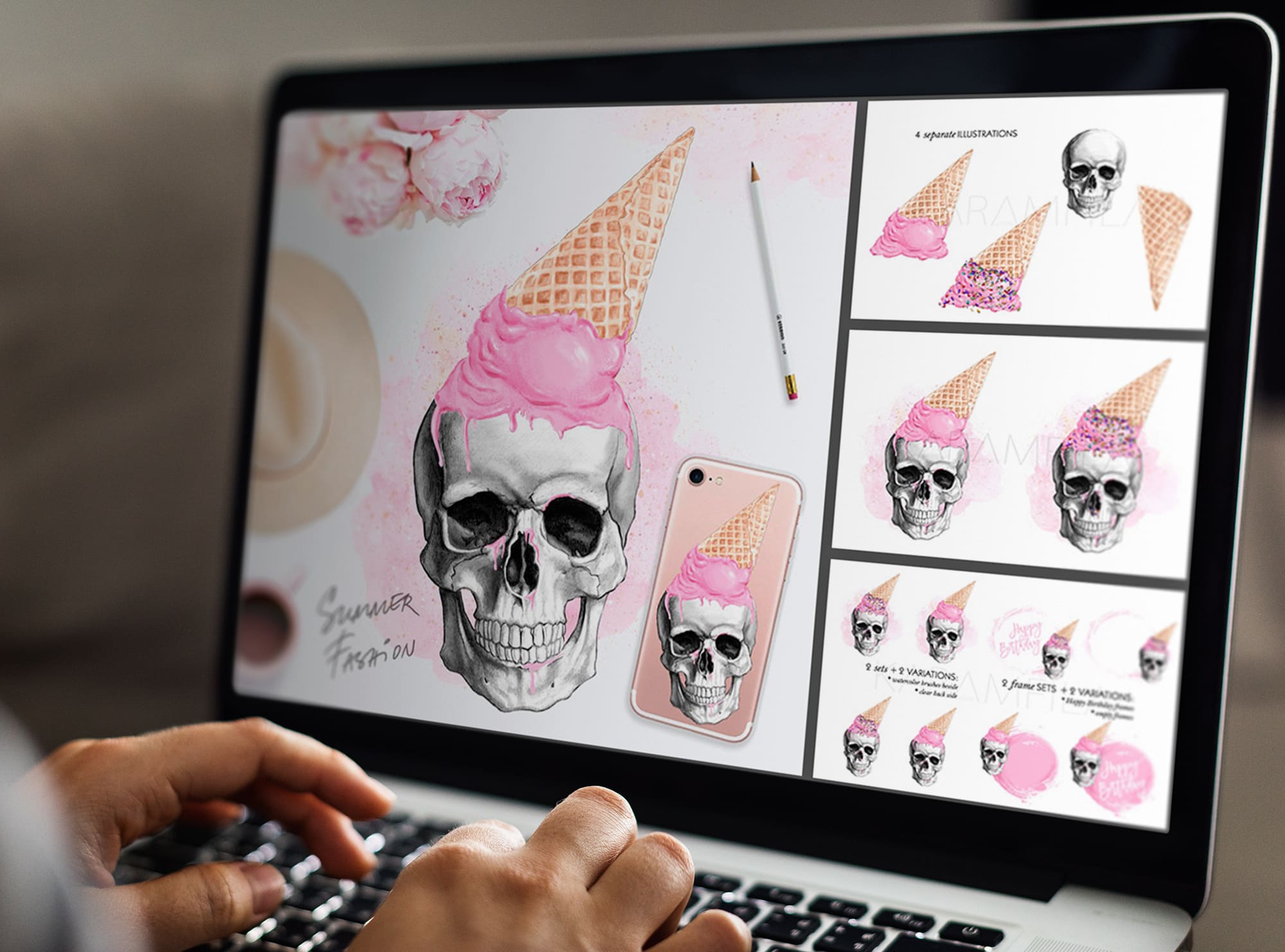 ice cream skulls laptop mockup.