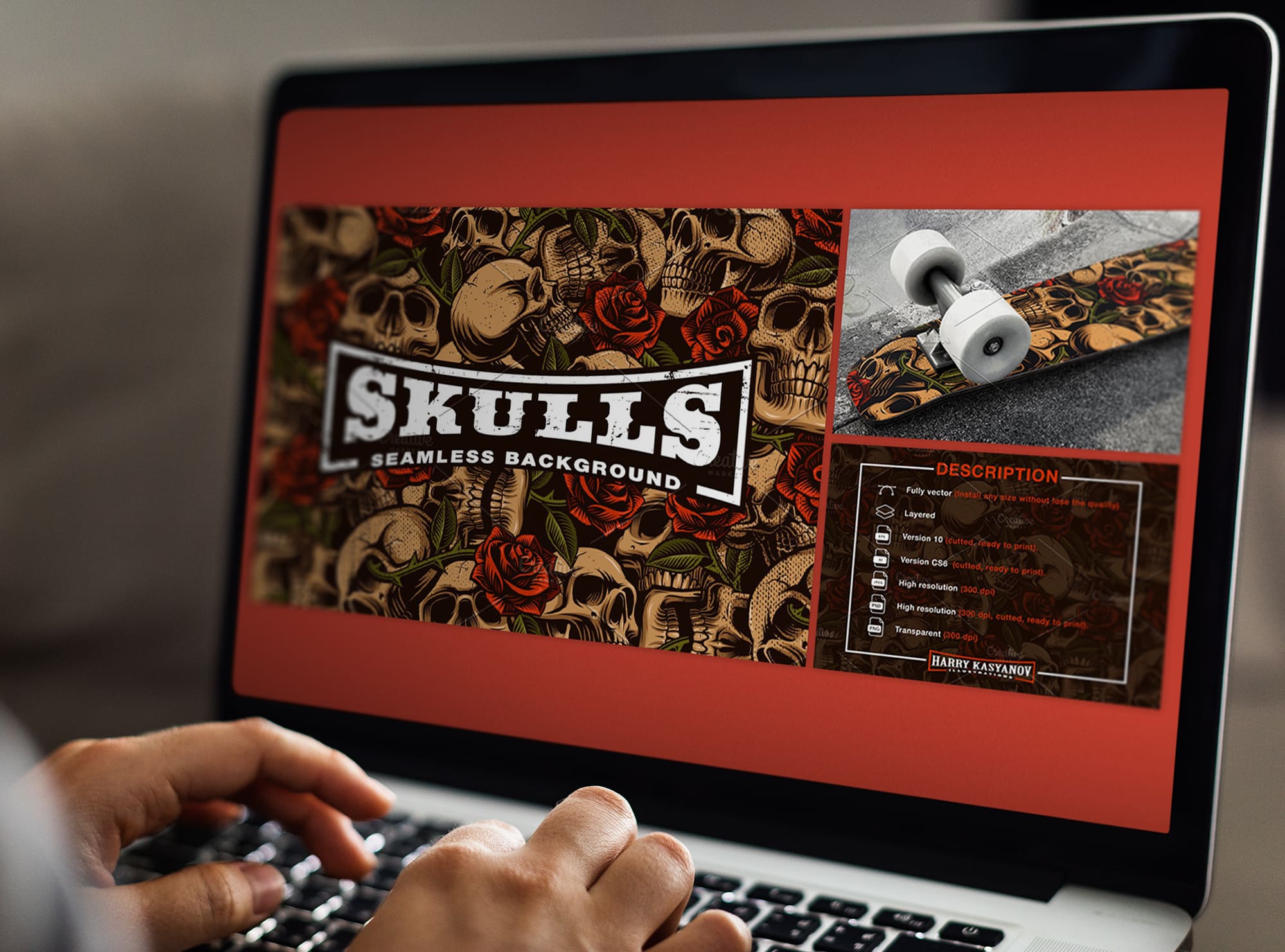 skulls and roses seamless background laptop mockup.