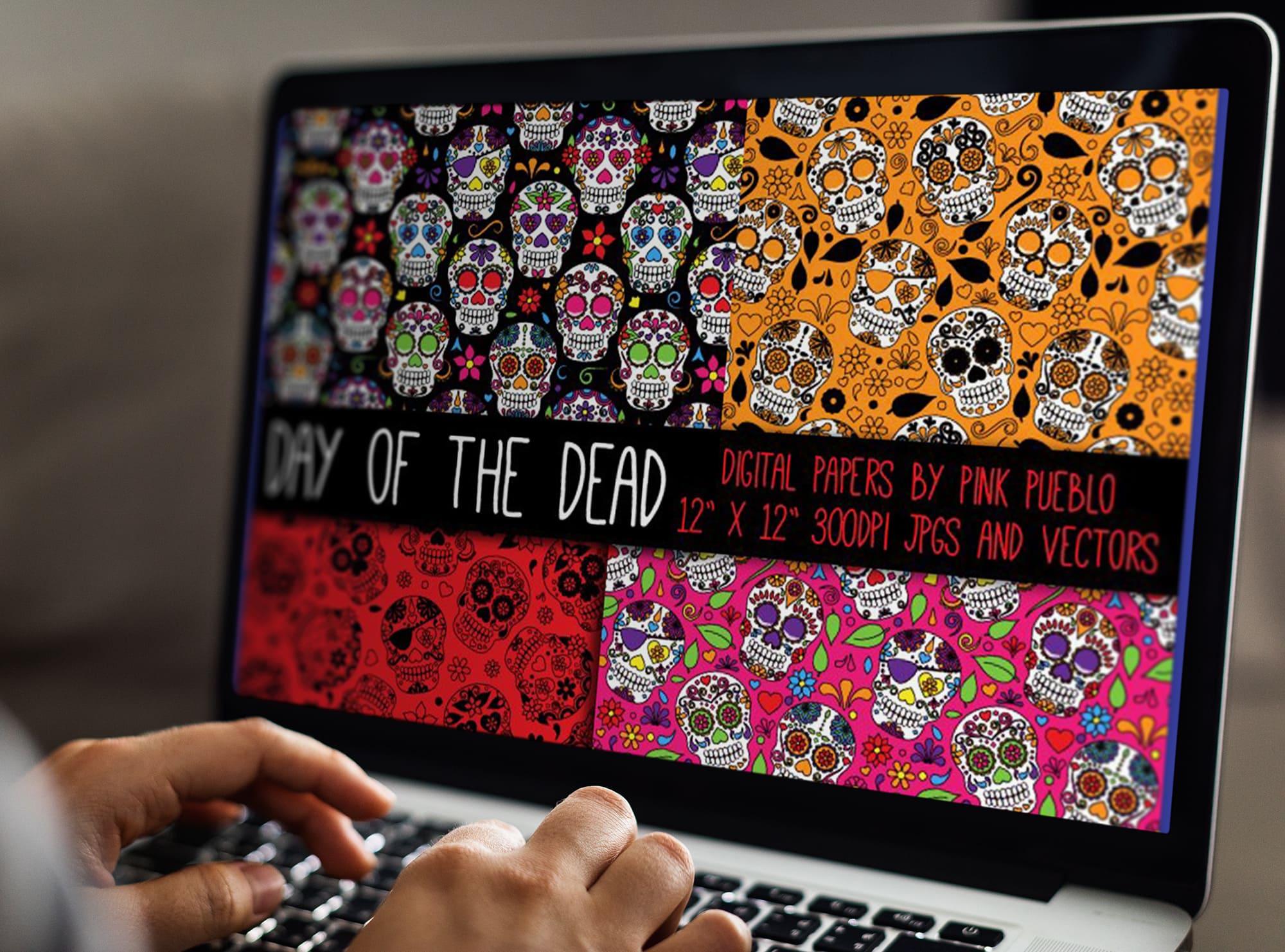 day of dead skull patterns laptop mockup.