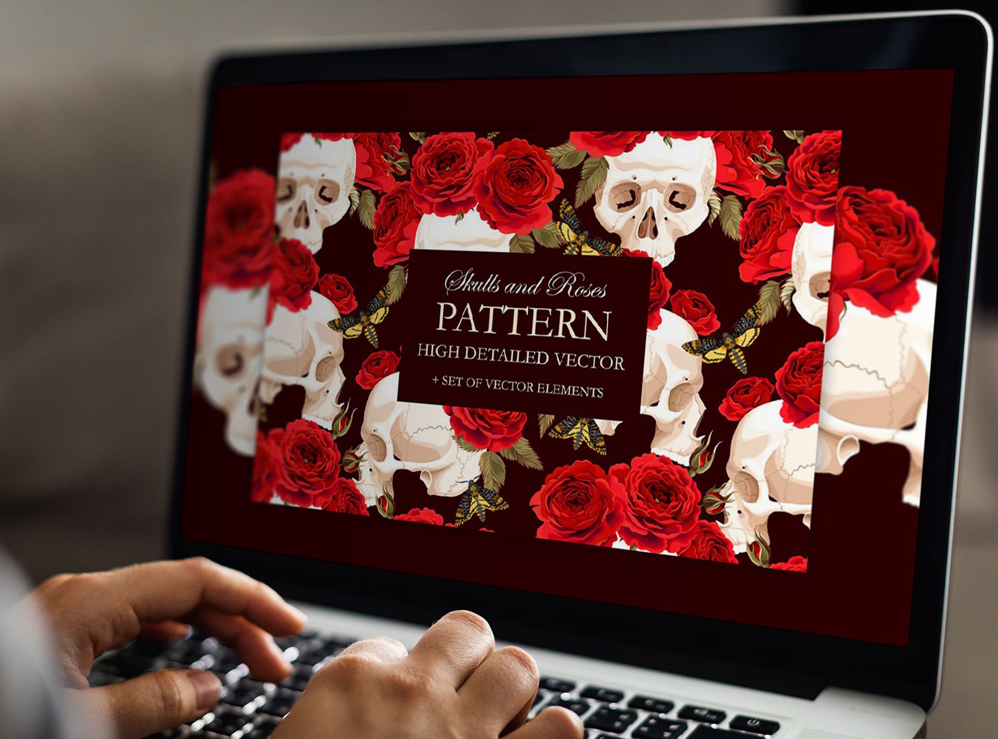 pattern with skulls and roses laptop mockup.