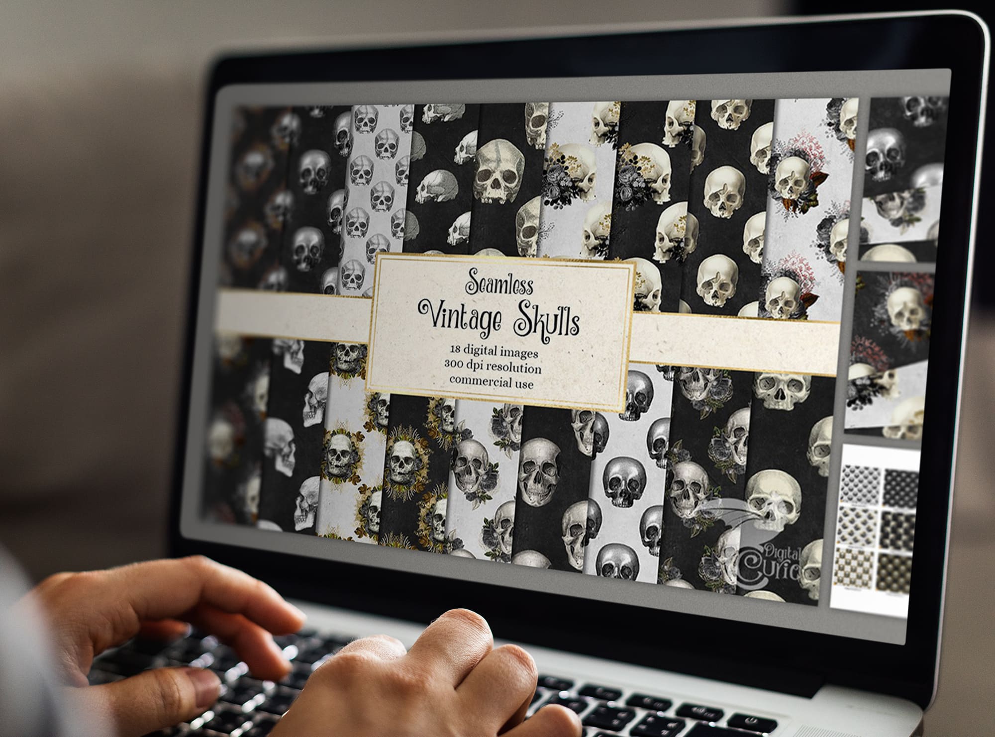 vintage skulls digital paper laptop mockup.