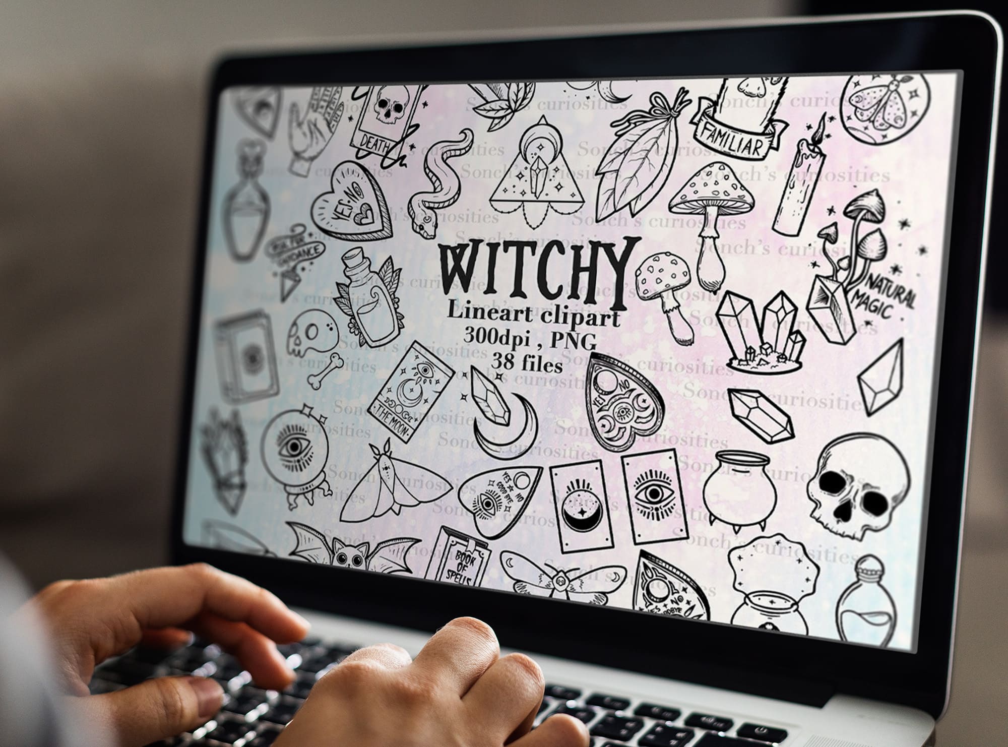 witch inspired linear clipart laptop mockup.