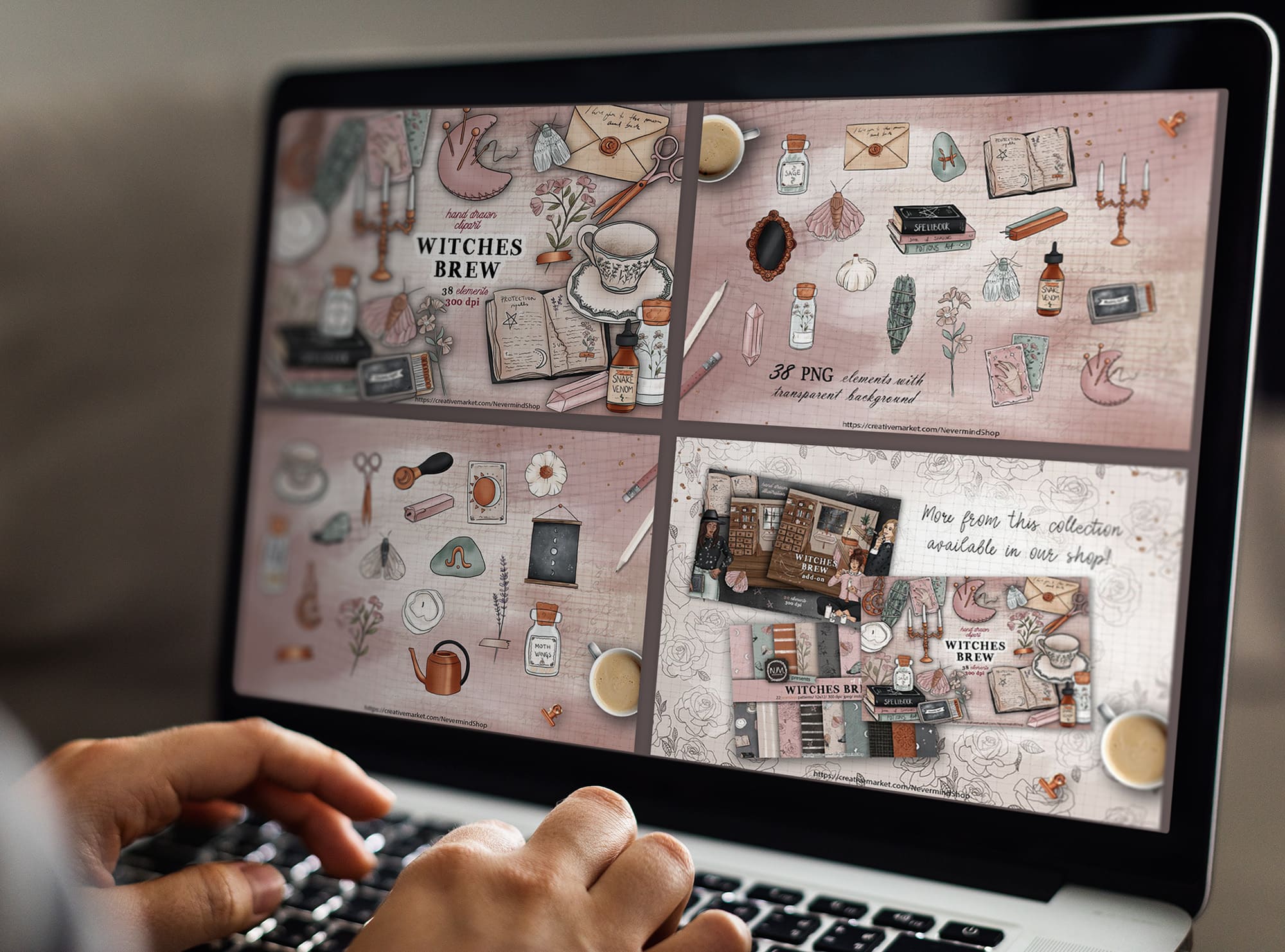 witches brew clipart kit laptop mockup.