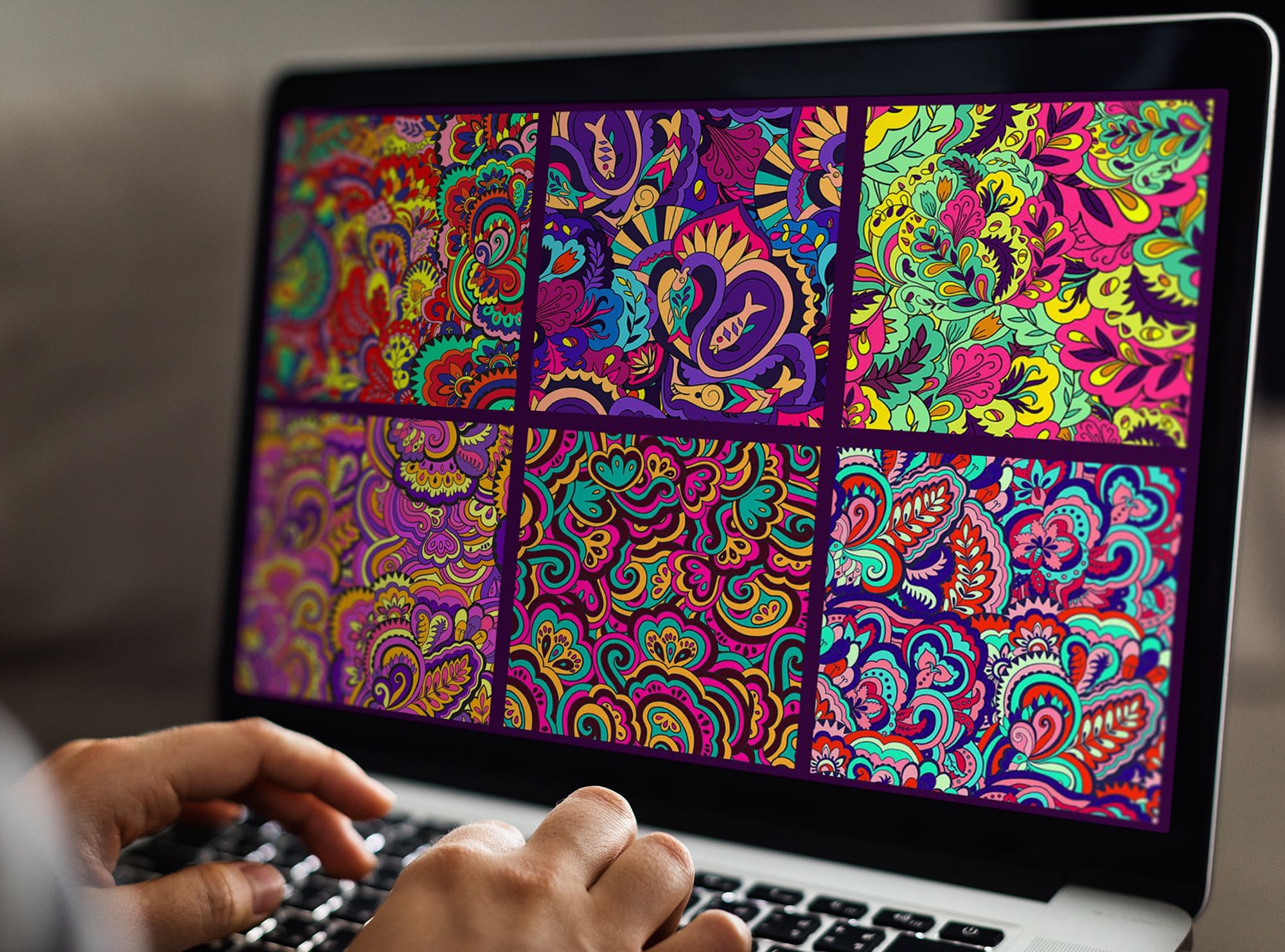 6 seamless psychedelic patterns laptop mockup.
