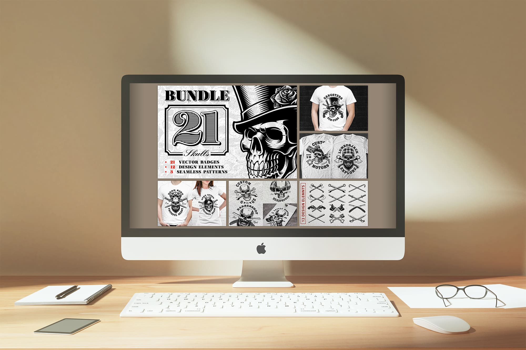 Set of vintage skulls desktop mockup.