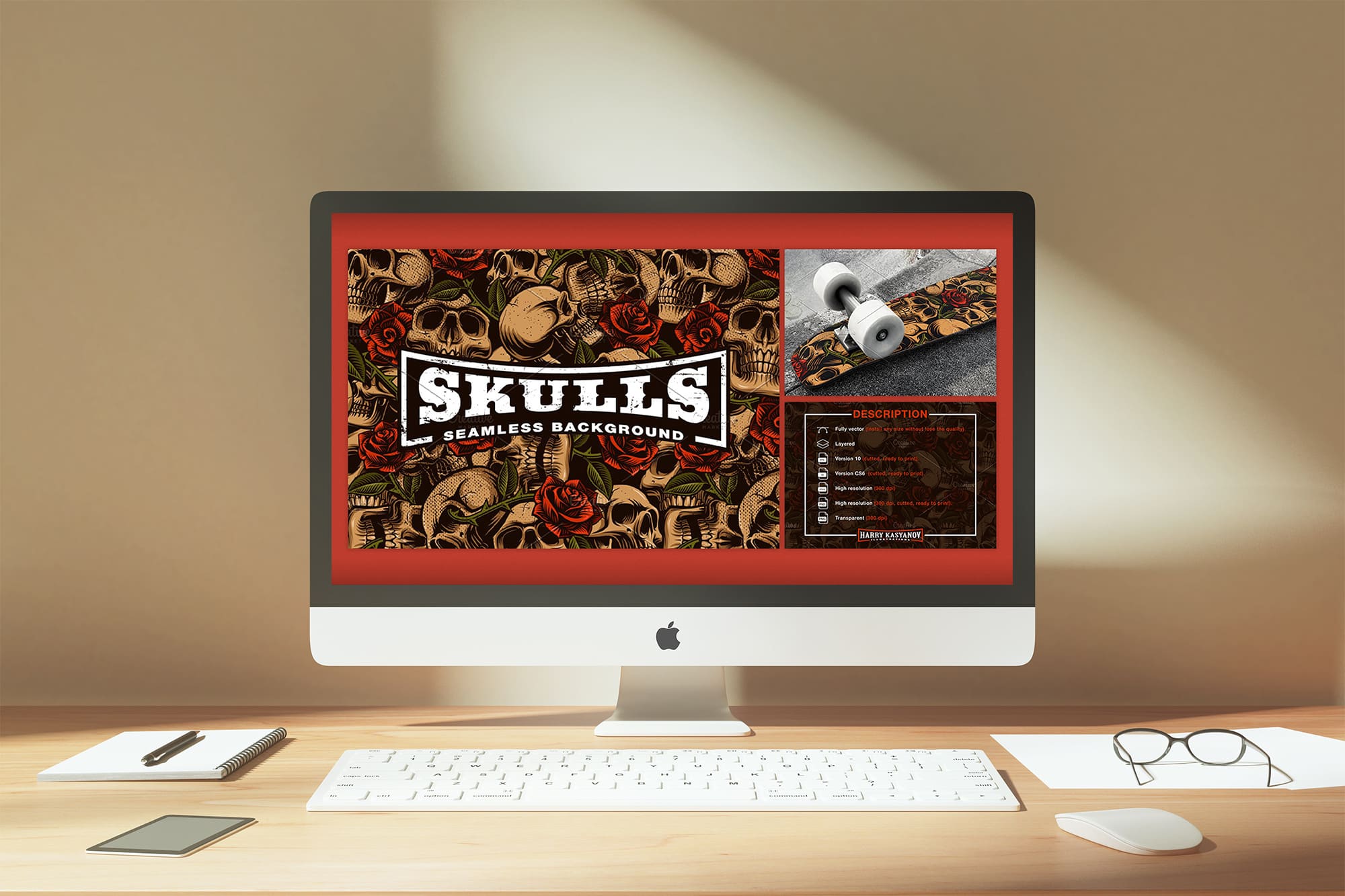 skulls and roses seamless background desktop mockup.
