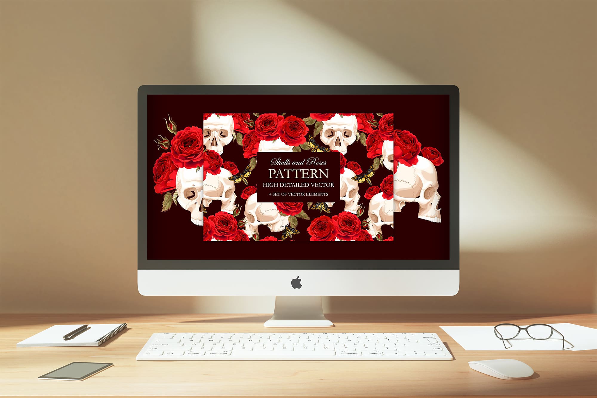 pattern with skulls and roses desktop mockup.