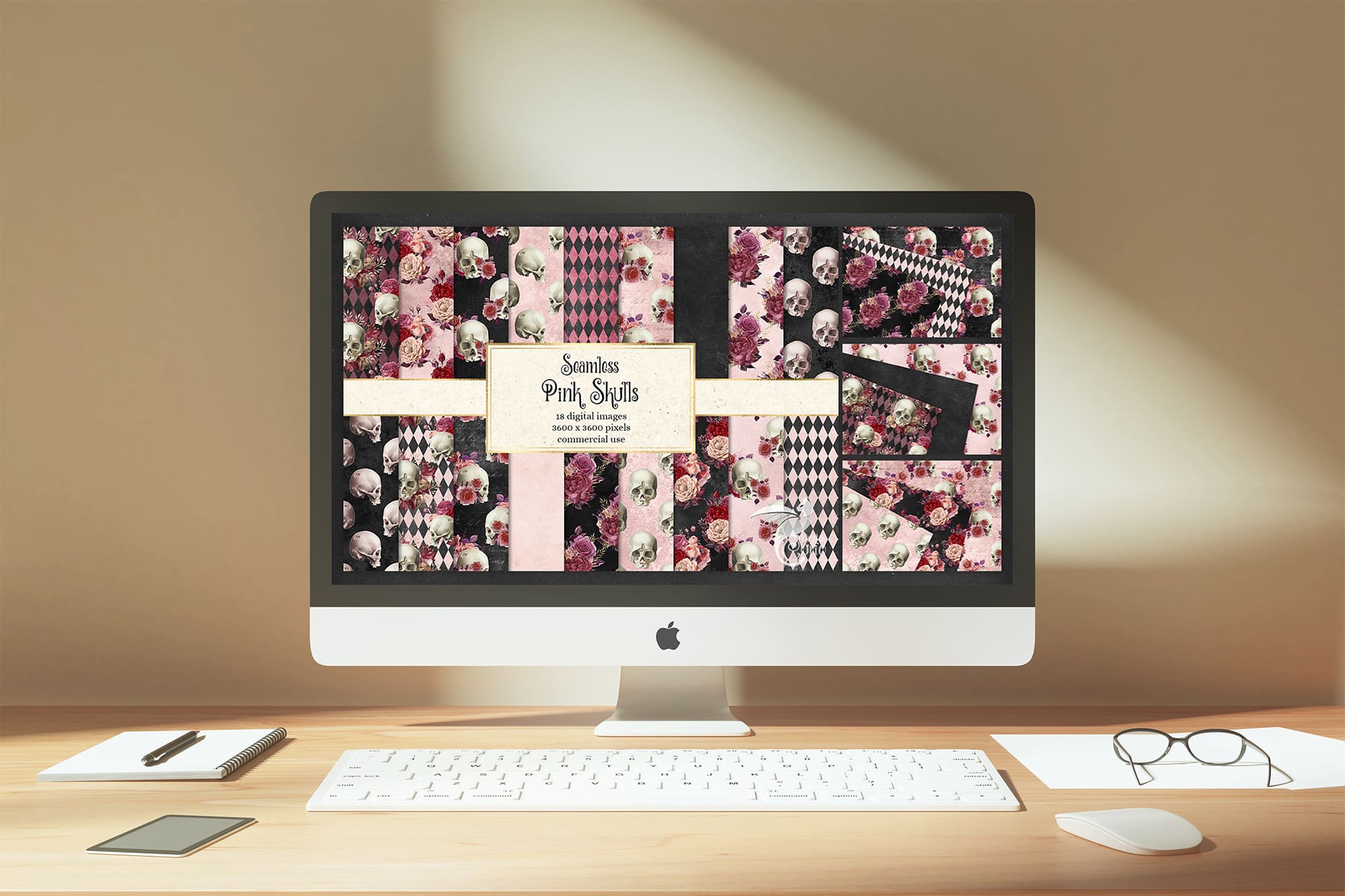 pink skull digital paper desktop mockup.
