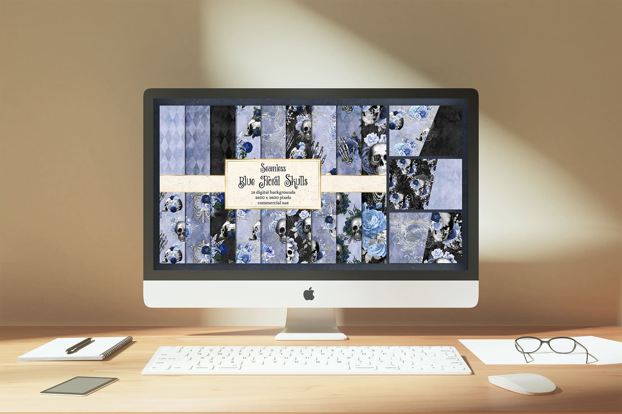 blue floral skulls digital paper desktop mockup.