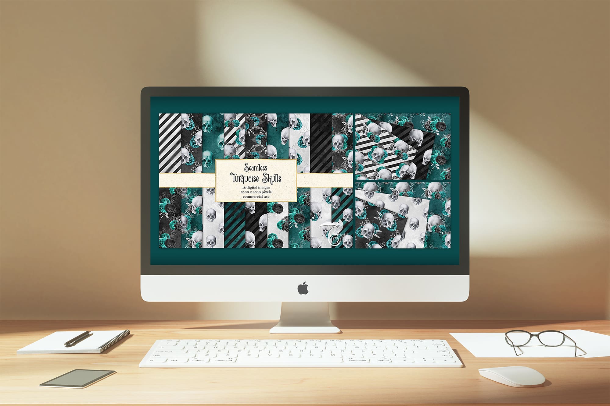 turquoise skull digital paper desktop mockup.