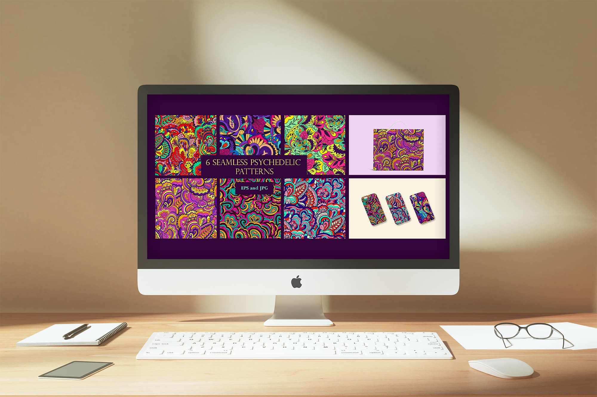 6 seamless psychedelic patterns desktop mockup.