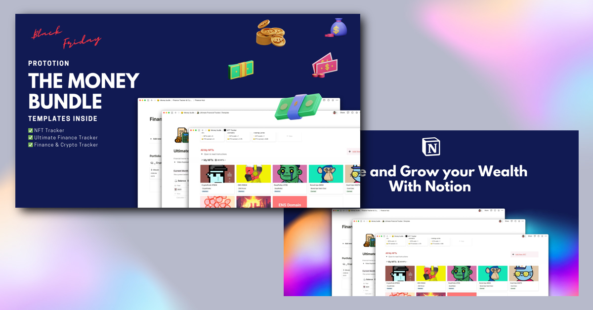 Two slides from a money bundle on a light multi-colored background.